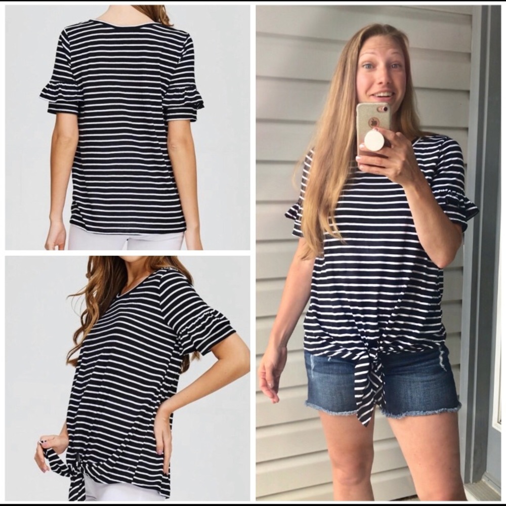 Striped Ruffle Sleeve Tie Top (Brand New)